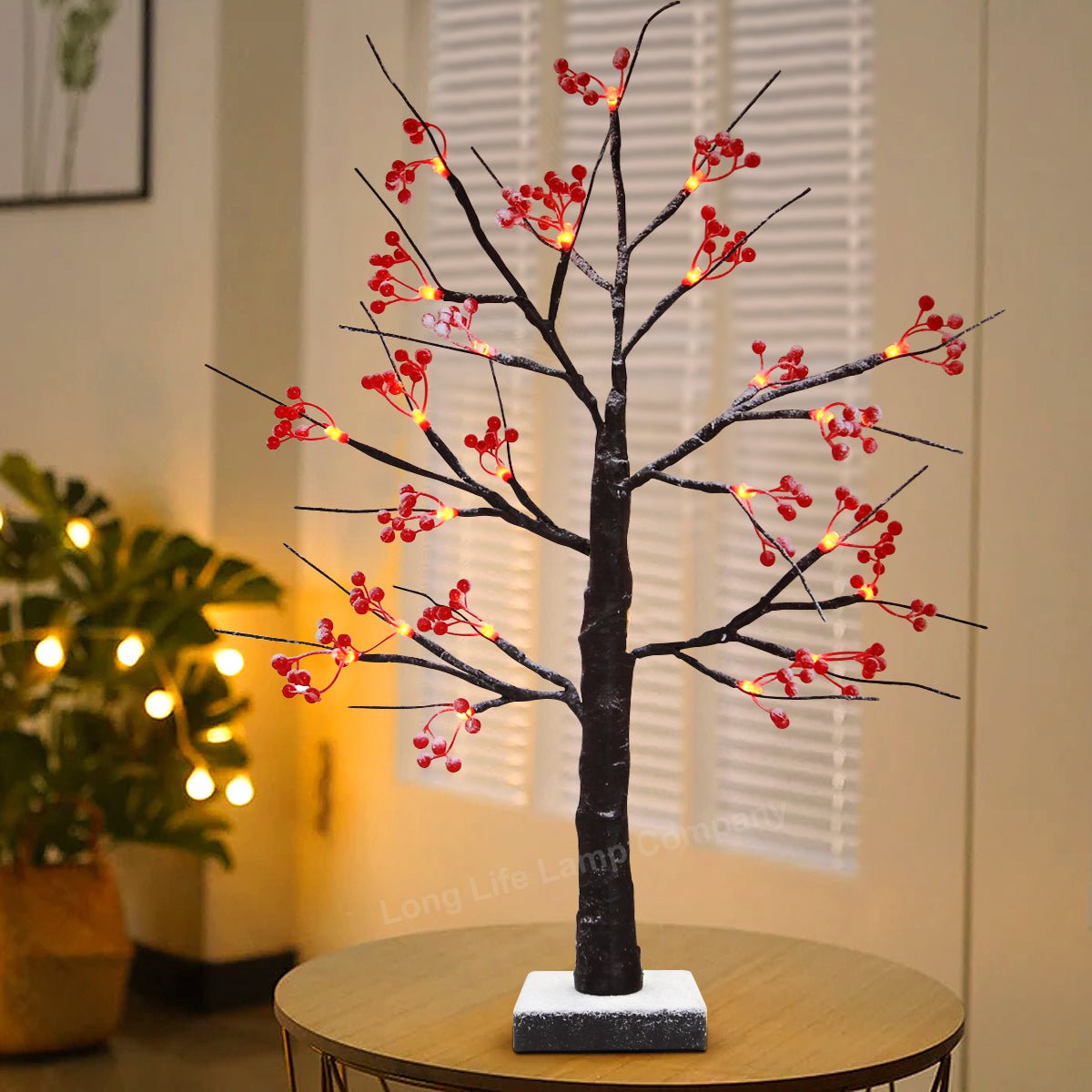 LED Indoor Christmas Brown Colour with Snow and Red Fruit 60cm Mains And Battery Operated - Energy Light Bulbs - Free delivery on all orders