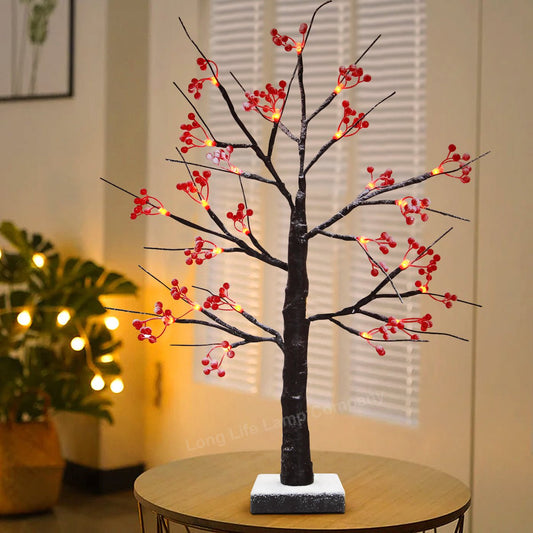 LED Indoor Christmas Brown Colour with Snow and Red Fruit 60cm Mains And Battery Operated - Energy Light Bulbs - Free delivery on all orders