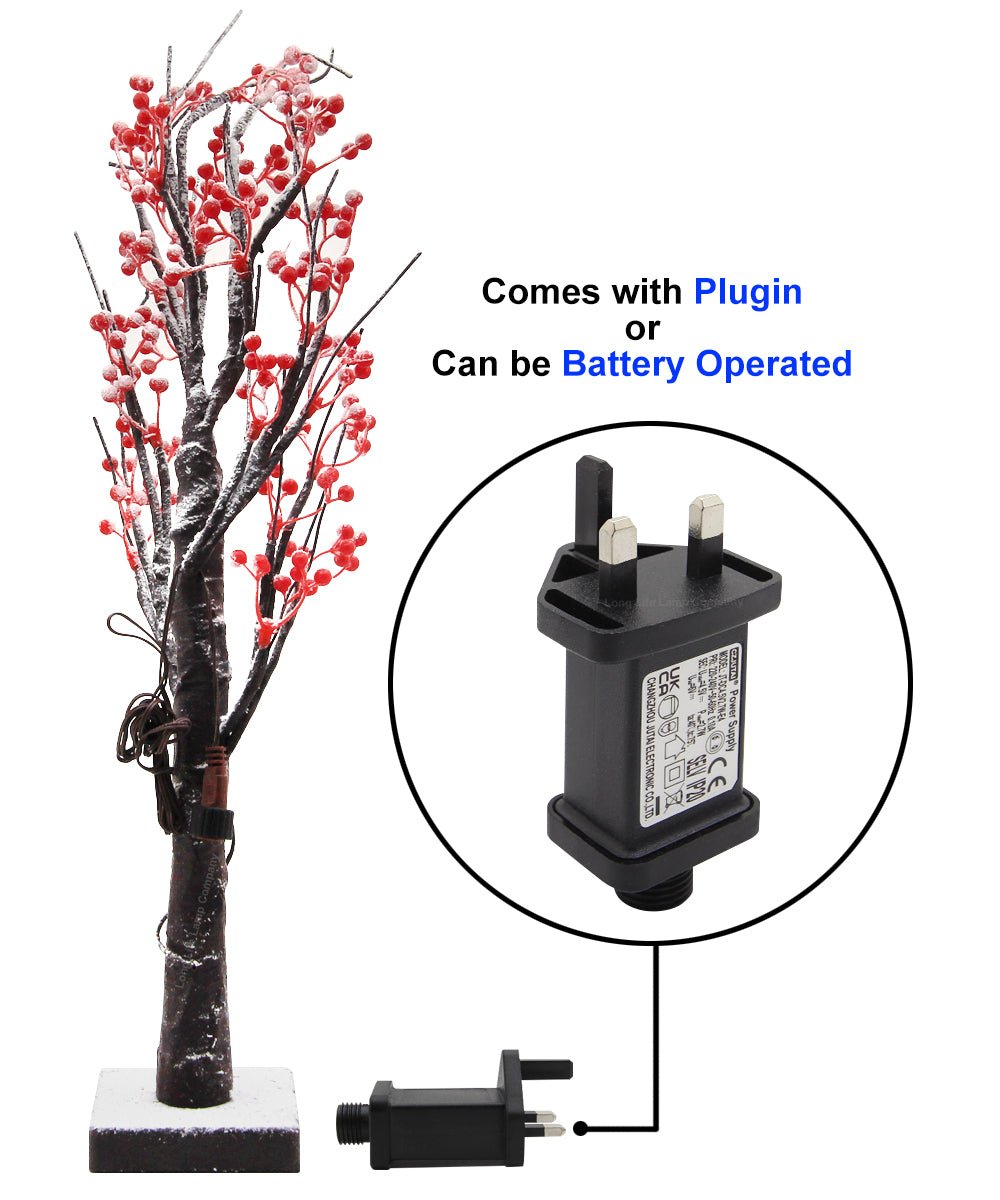 LED Indoor Christmas Brown Colour with Snow and Red Fruit 60cm Mains And Battery Operated - Energy Light Bulbs - Free delivery on all orders
