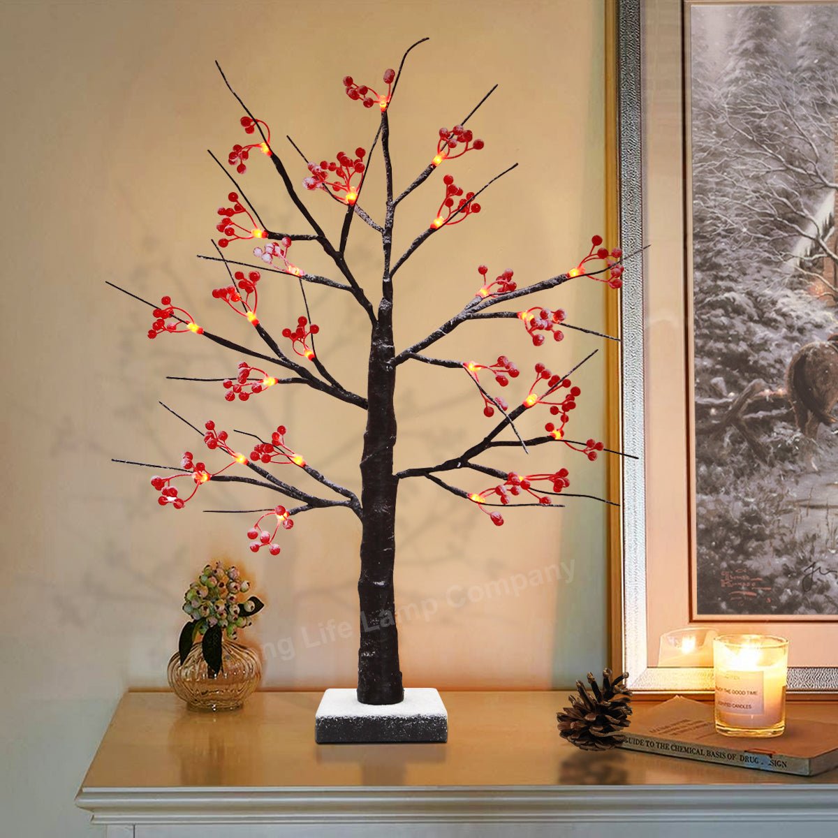 LED Indoor Christmas Brown Colour with Snow and Red Fruit 60cm Mains And Battery Operated - Energy Light Bulbs - Free delivery on all orders
