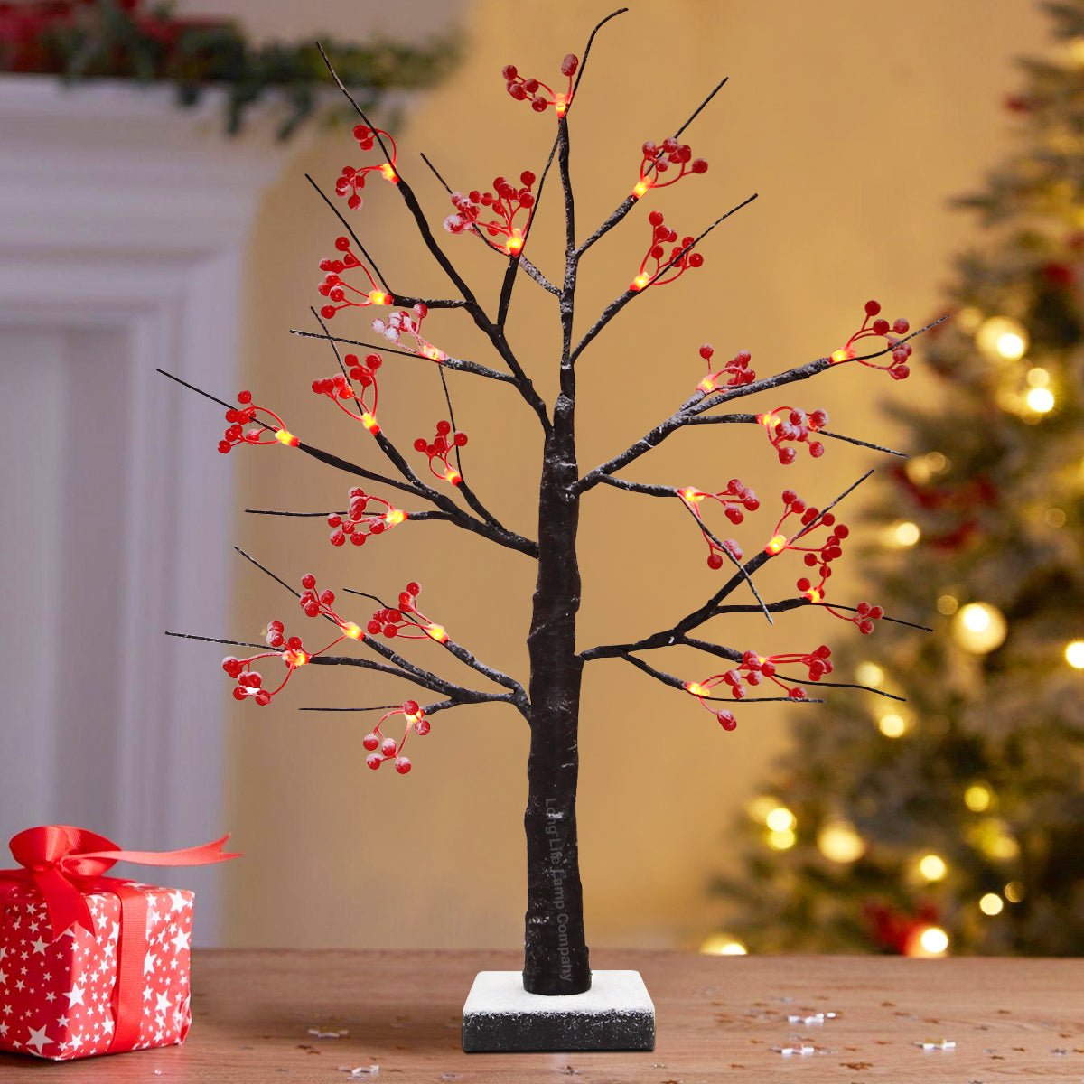 LED Indoor Christmas Brown Colour with Snow and Red Fruit 60cm Mains And Battery Operated - Energy Light Bulbs - Free delivery on all orders