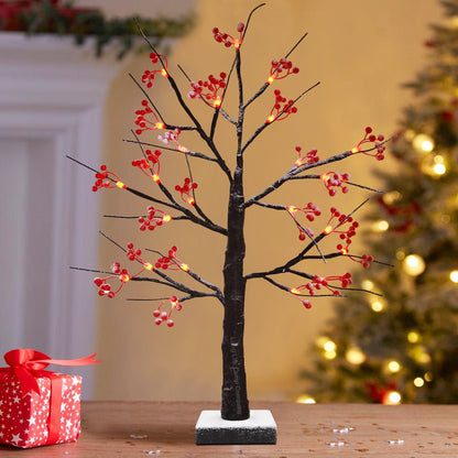 LED Indoor Christmas Brown Colour with Snow and Red Fruit 60cm Mains And Battery Operated - Energy Light Bulbs - Free delivery on all orders