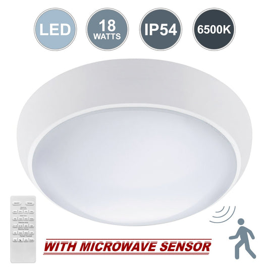 LED Microwave Motion Sensor Ceiling Light Round 18w 6500k IP54 Remote Controlled - Energy Light Bulbs - Free delivery on all orders