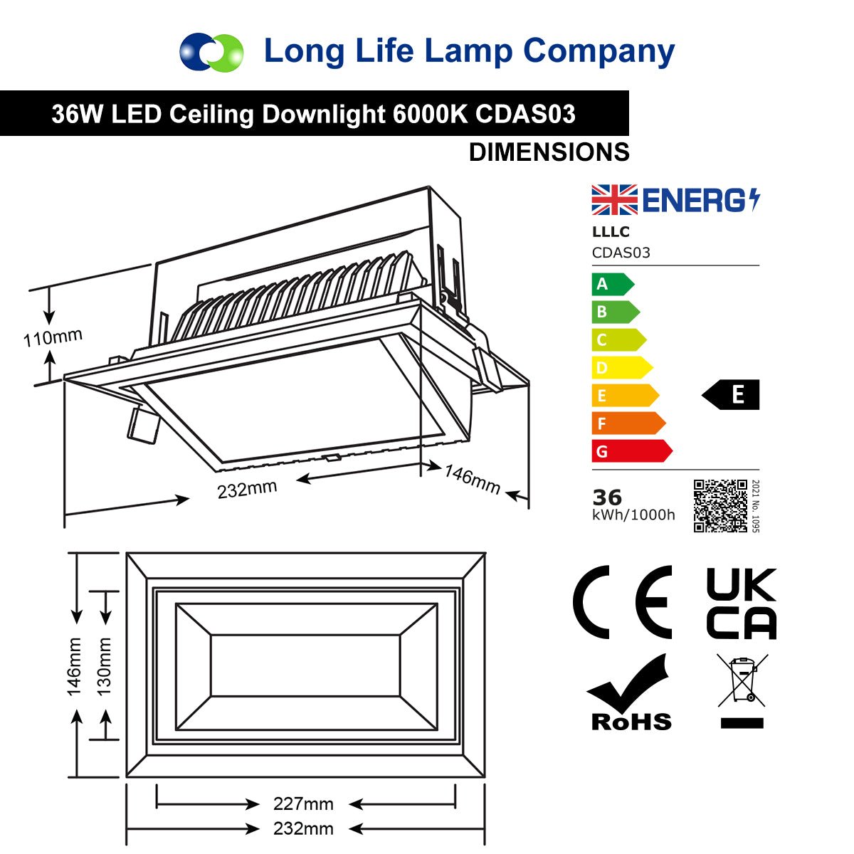 LED Rectangular Retail Ceiling Downlight Cool White 6000k Adjustable Beam Angle Recessed - Energy Light Bulbs - Free delivery on all orders