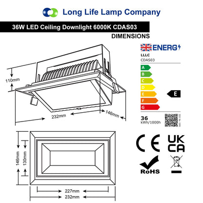 LED Rectangular Retail Ceiling Downlight Cool White 6000k Adjustable Beam Angle Recessed - Energy Light Bulbs - Free delivery on all orders