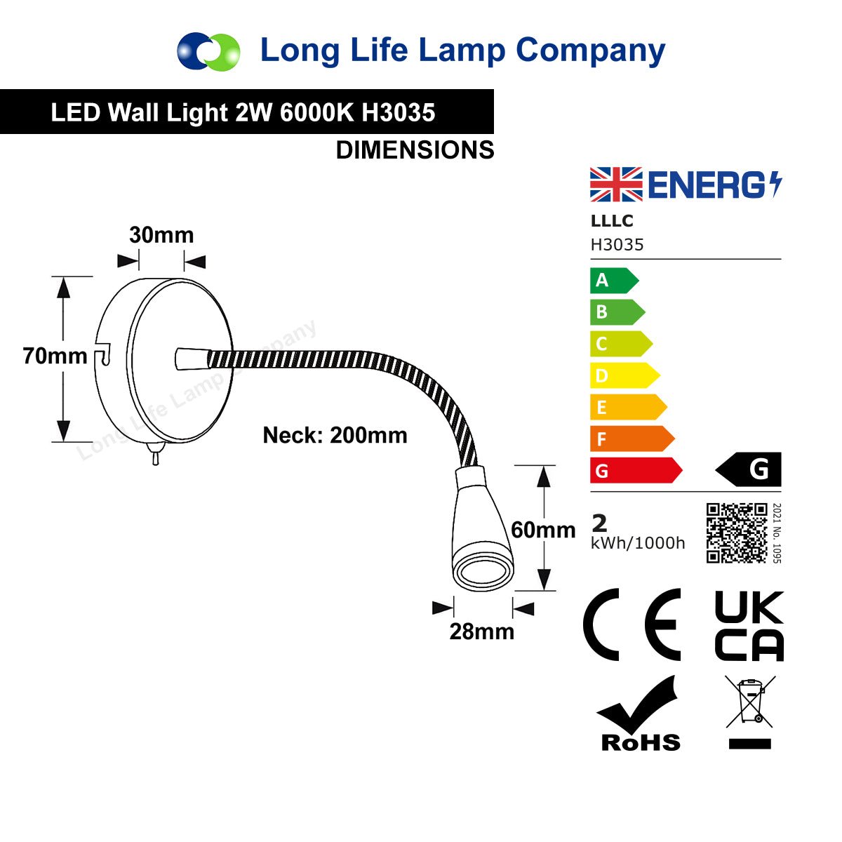 LED Switched Bedside Reading Wall Light Flexible Arm Cool White - Energy Light Bulbs - Free delivery on all orders