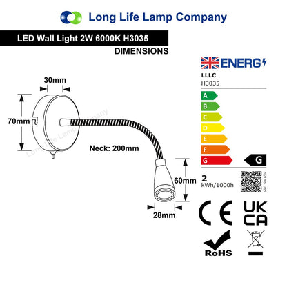LED Switched Bedside Reading Wall Light Flexible Arm Cool White - Energy Light Bulbs - Free delivery on all orders
