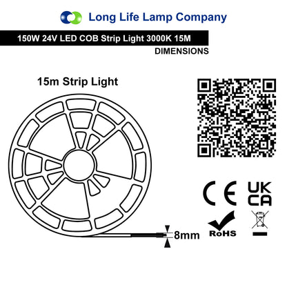 LED Tape Strip Light Continuous COB Illumination 15 Metres 24V Warm White - Energy Light Bulbs - Free delivery on all orders