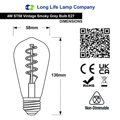 LED Vintage Classic Filament Light Bulb Smoked Grey Glass Tear Drop Spiral 4w E27 Coil - Energy Light Bulbs - Free delivery on all orders