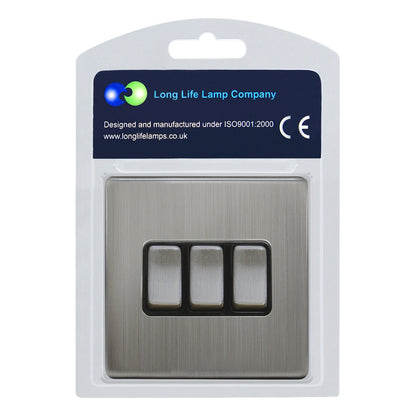 Light Switch 3 Gang 2 Way Gloss Brushed Chrome Wall Switch Screwless Finish - Energy Light Bulbs - Free delivery on all orders