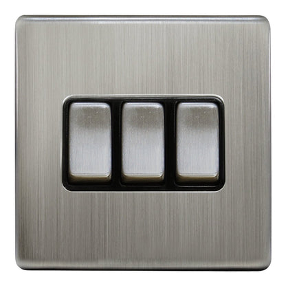 Light Switch 3 Gang 2 Way Gloss Brushed Chrome Wall Switch Screwless Finish - Energy Light Bulbs - Free delivery on all orders
