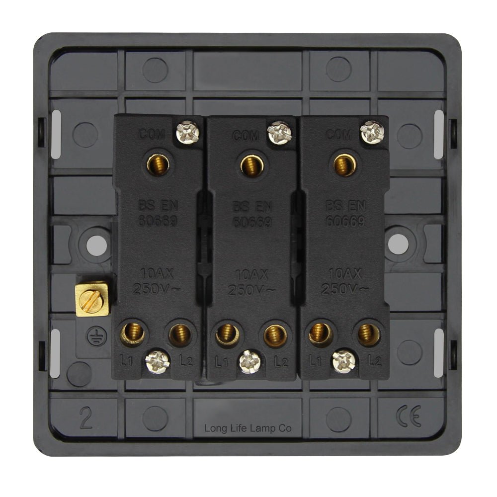 Light Switch 3 Gang 2 Way Gloss Brushed Chrome Wall Switch Screwless Finish - Energy Light Bulbs - Free delivery on all orders