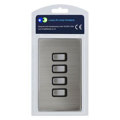 Light Switch 4 Gang 2 Way Gloss Brushed Chrome Wall Switch Screwless Finish - Energy Light Bulbs - Free delivery on all orders