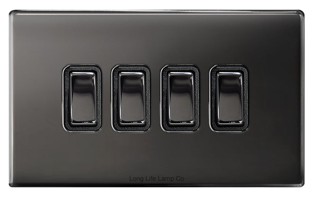 Light Switch 4 Gang 2 Way Polished Black Nickel Wall Switch Screwless Finish - Energy Light Bulbs - Free delivery on all orders