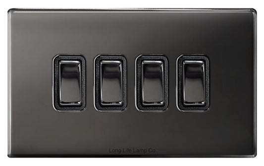 Light Switch 4 Gang 2 Way Polished Black Nickel Wall Switch Screwless Finish - Energy Light Bulbs - Free delivery on all orders
