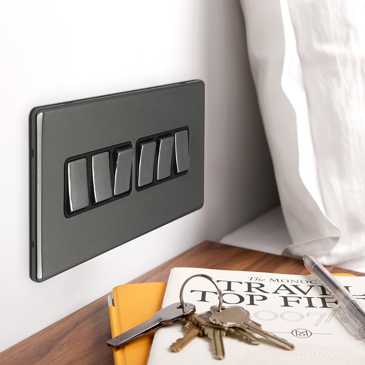 Light Switch 6 Gang 2 Way Polished Black Nickel Wall Switch Screwless Finish - Energy Light Bulbs - Free delivery on all orders