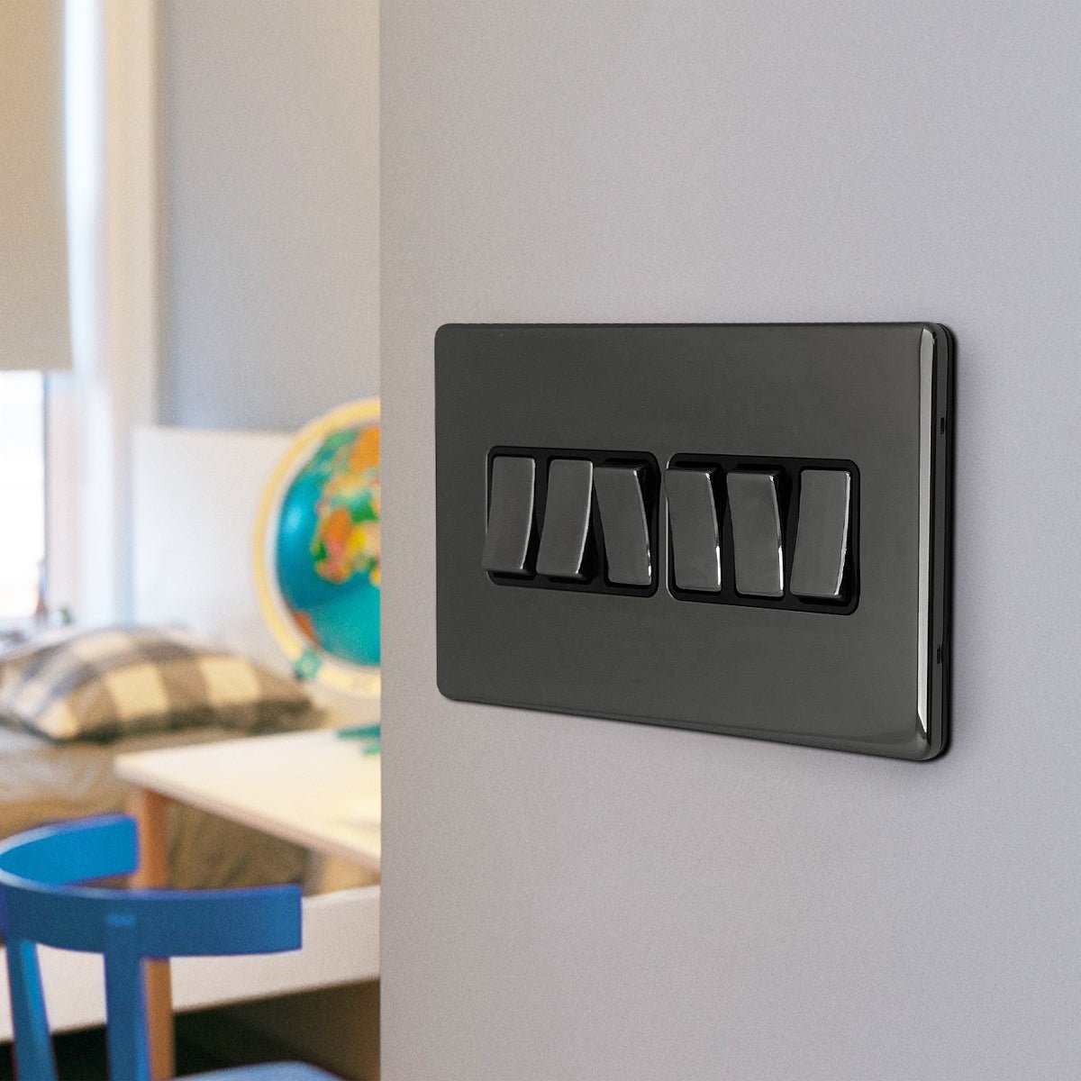 Light Switch 6 Gang 2 Way Polished Black Nickel Wall Switch Screwless Finish - Energy Light Bulbs - Free delivery on all orders