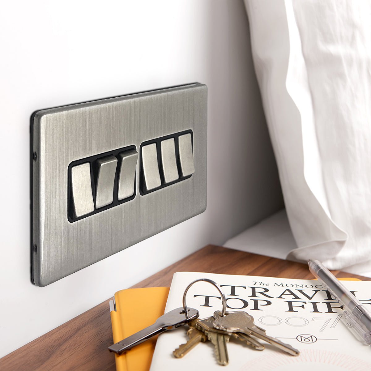 Light Switch 6 Gang 2 Way Polished Brushed Chrome Wall Switch Screwless Finish - Energy Light Bulbs - Free delivery on all orders