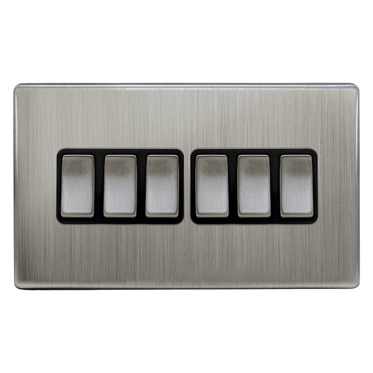Light Switch 6 Gang 2 Way Polished Brushed Chrome Wall Switch Screwless Finish - Energy Light Bulbs - Free delivery on all orders