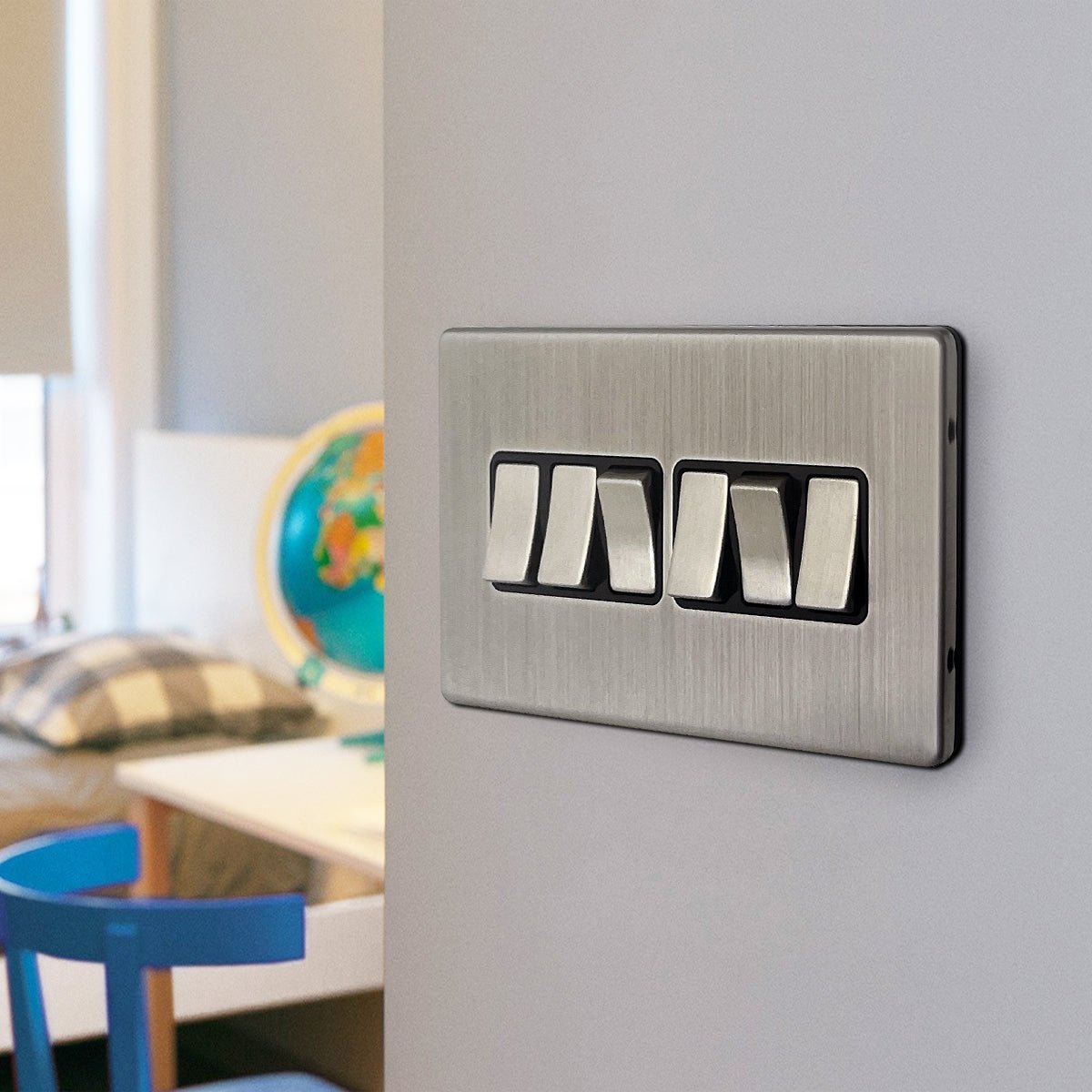Light Switch 6 Gang 2 Way Polished Brushed Chrome Wall Switch Screwless Finish - Energy Light Bulbs - Free delivery on all orders