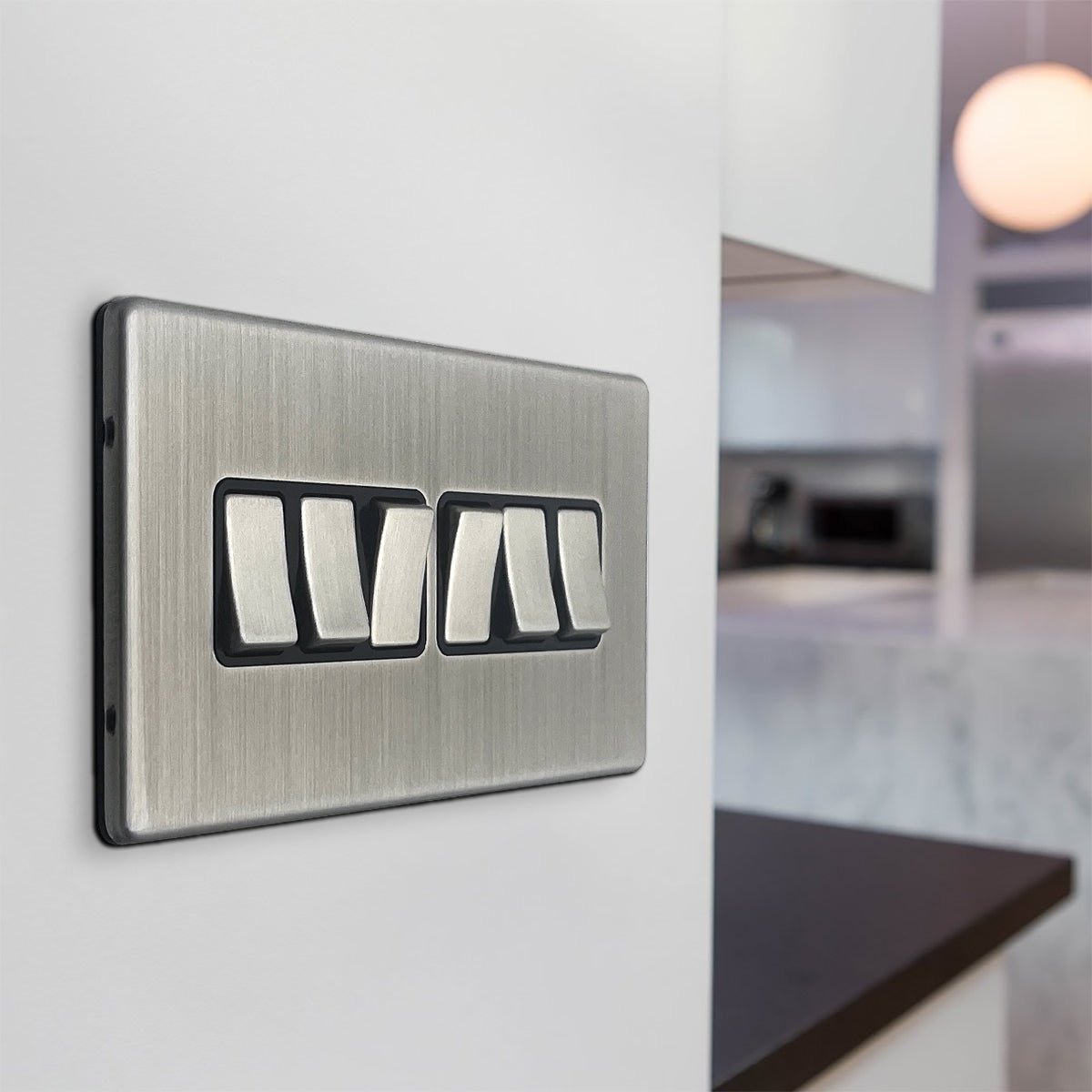 Light Switch 6 Gang 2 Way Polished Brushed Chrome Wall Switch Screwless Finish - Energy Light Bulbs - Free delivery on all orders