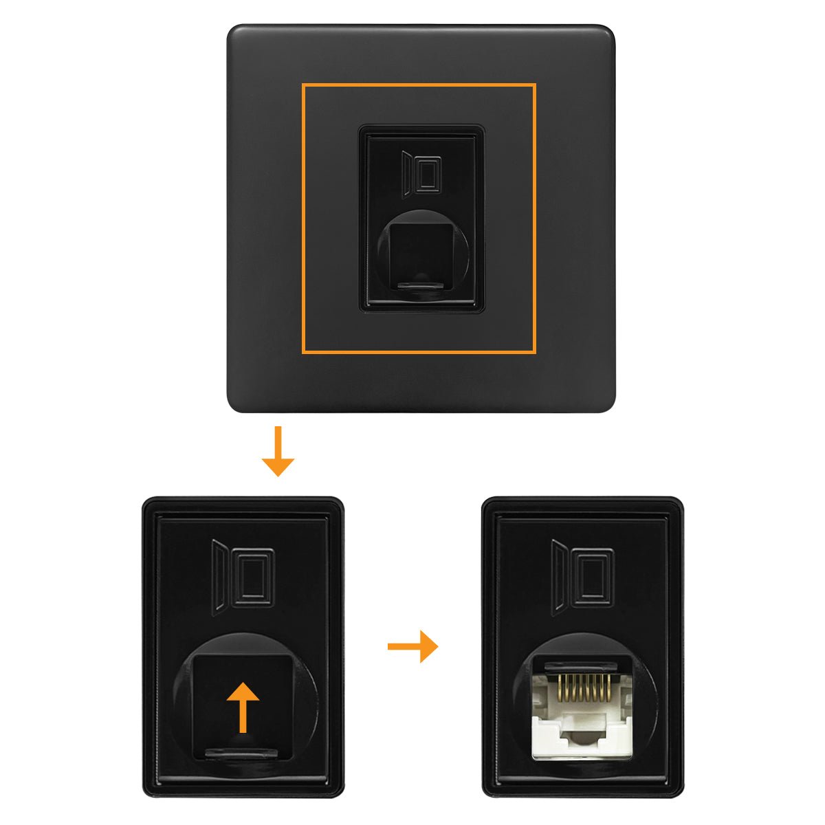 Decorative screwless 1 gang Cat6 data socket in matt black finish with RJ45 connection point