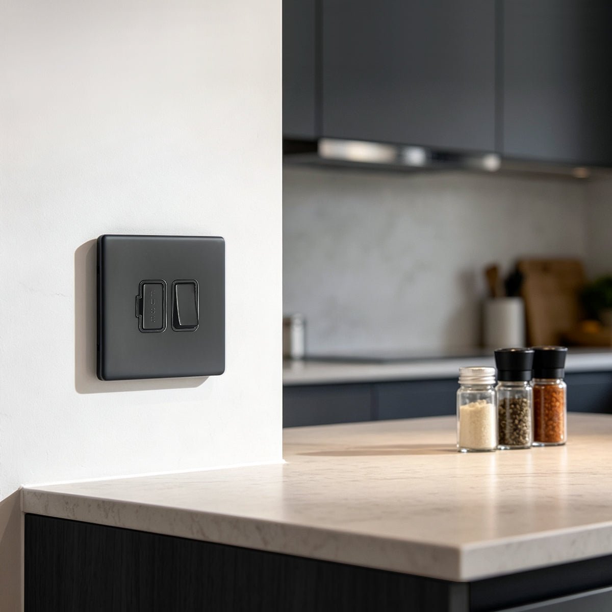 Matt Black 13A Switched Fused Spur Connection Unit 250V Single Gang Screwless BL422 - Energy Light Bulbs - Free delivery on all orders