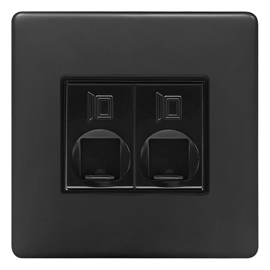 Matt Black 2 Gang CAT6 Ethernet wall socket with screwless flat plate design