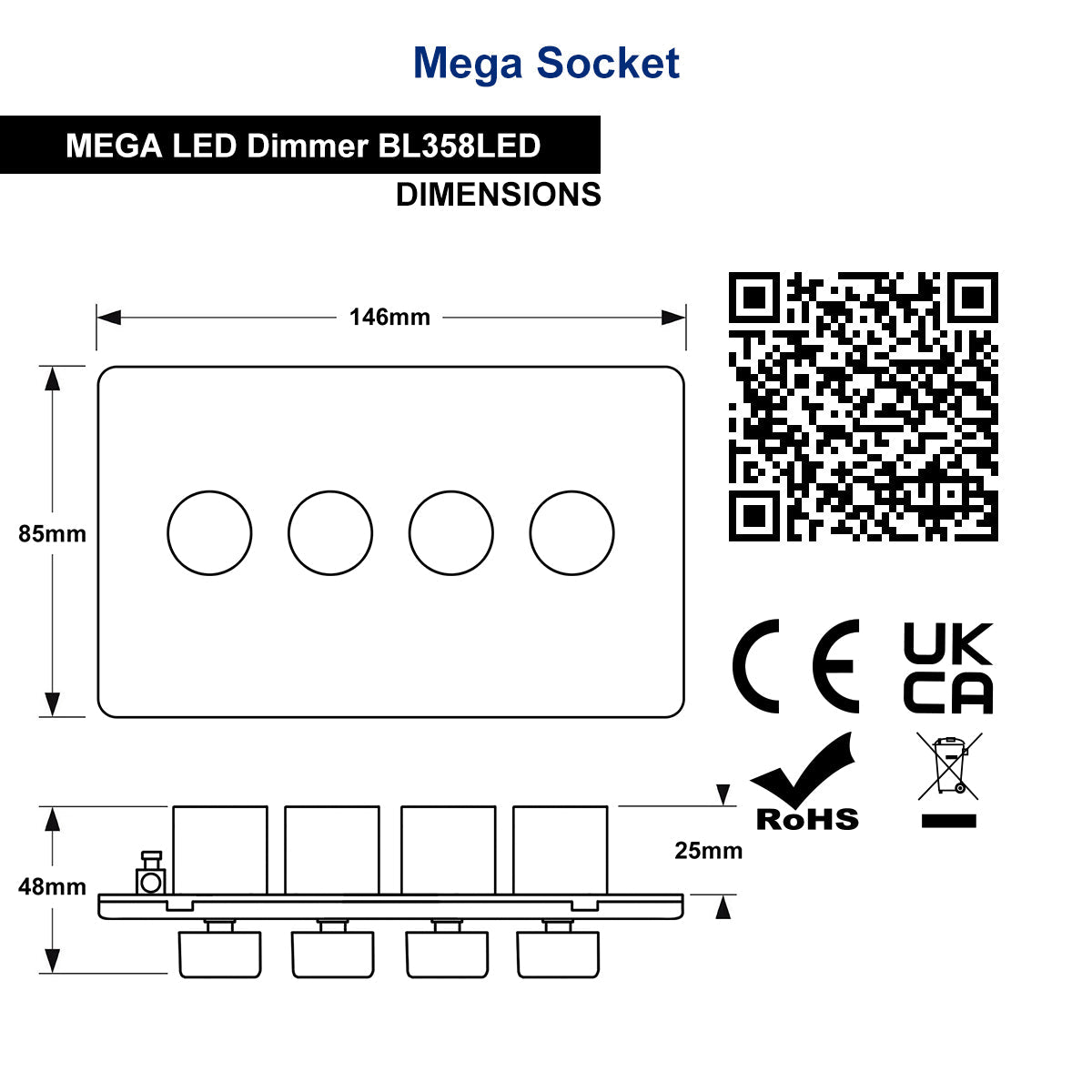 Matt Black 4 Gang 2 Way LED Dimmer Switch 4x100W - Energy Light Bulbs - Free delivery on all orders