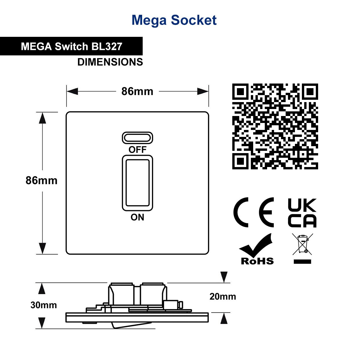 Matt Black 45A 1 Gang Cooker Switch Neon Indicator Double Pole Screwless BL327 - Energy Light Bulbs - Free delivery on all orders