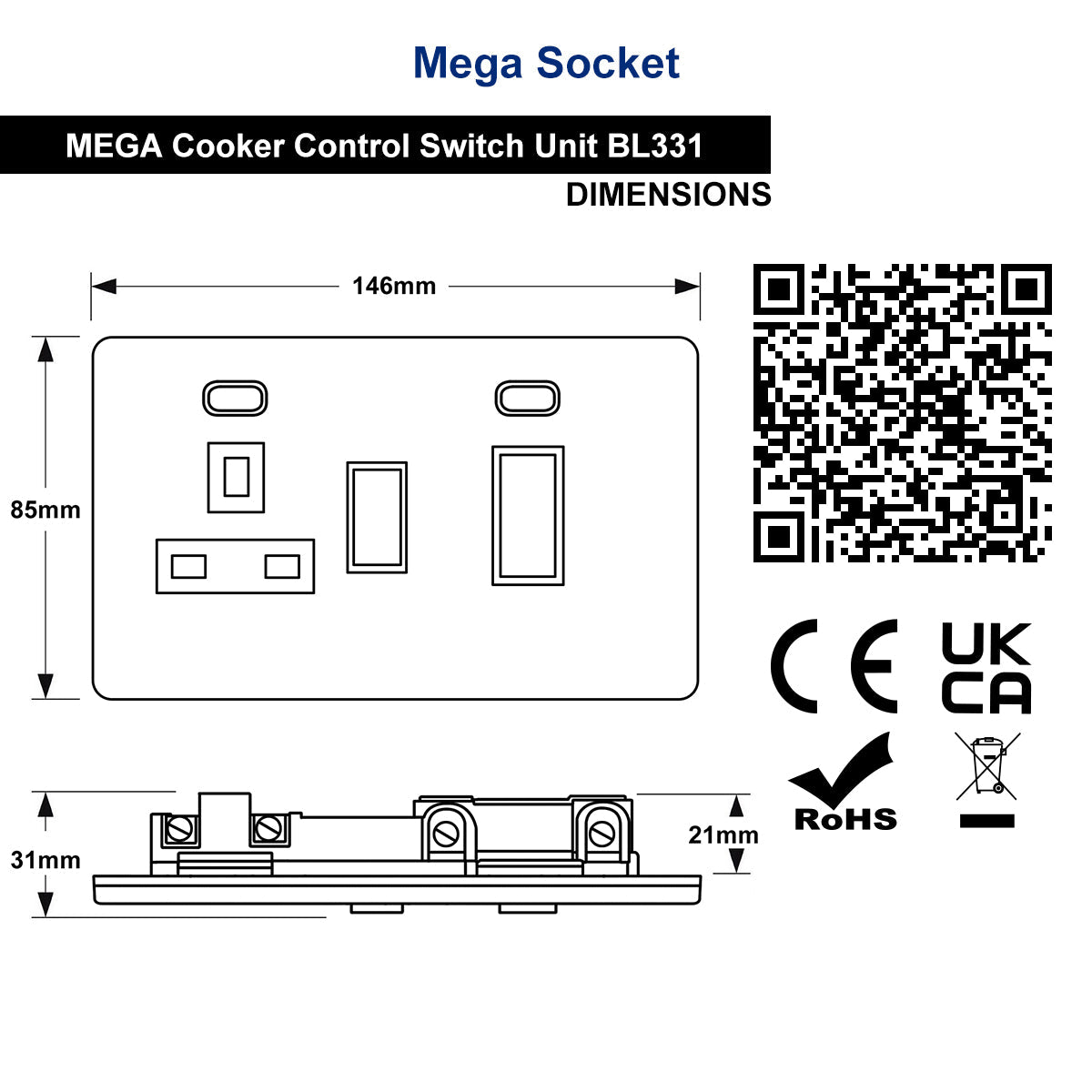Matt Black 45A Cooker Switch 13A Socket Neon