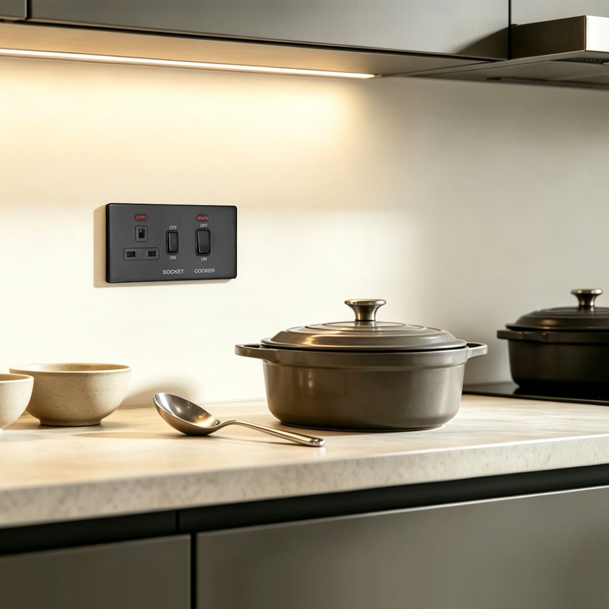 Matt Black 45A Cooker Switch 13A Socket Neon