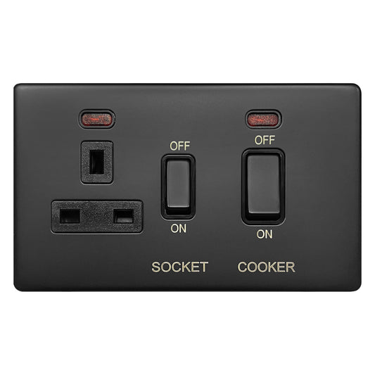 Matt Black 45A Cooker Switch 13A Socket Neon