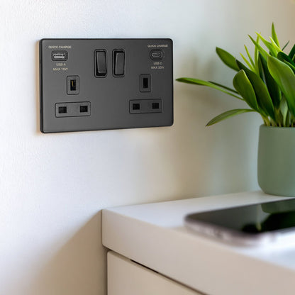Matt Black Double 13A 2 Gang DP Switched Socket with Quick Charge Type A+Type C USB BL4118 - 20W - Energy Light Bulbs - Free delivery on all orders