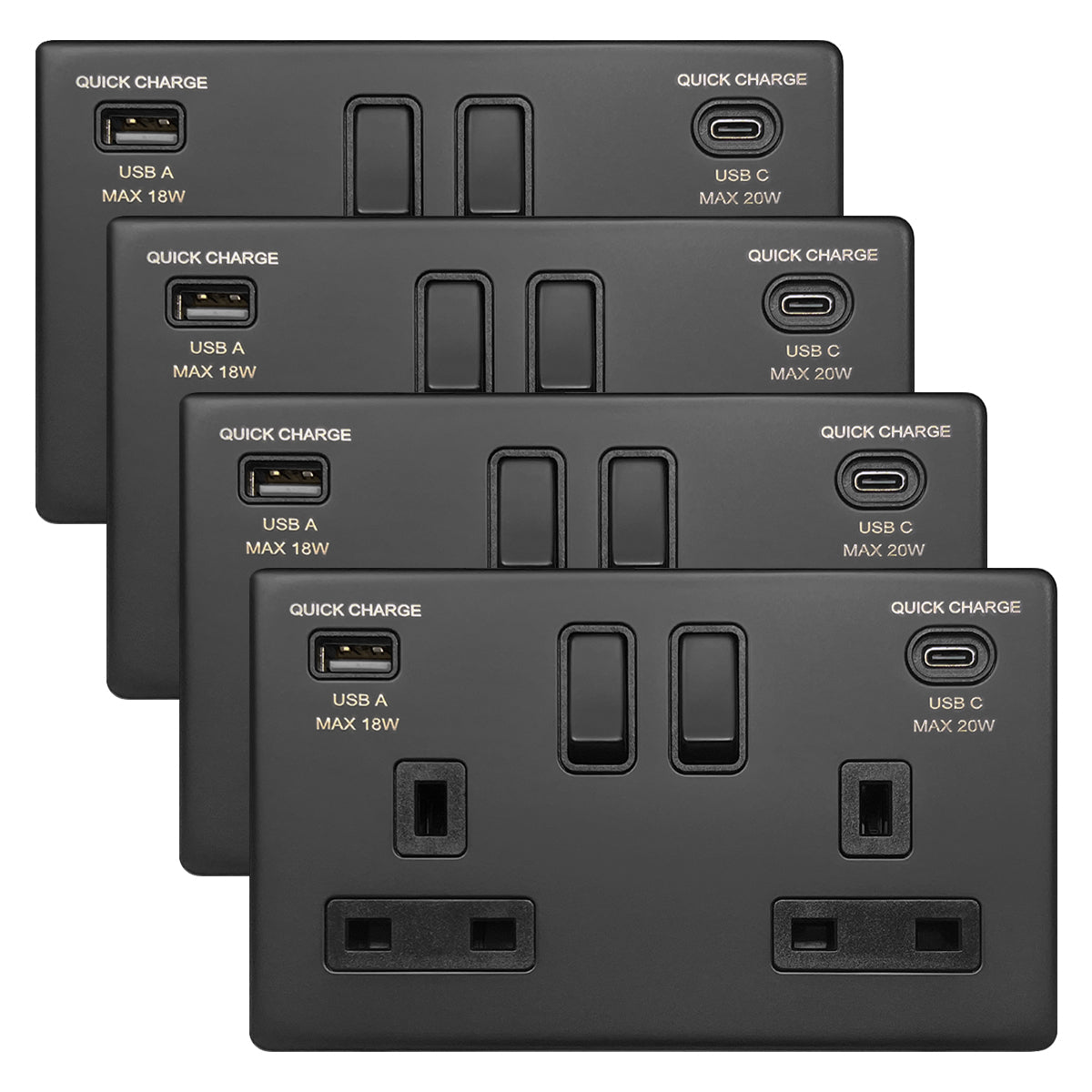 Matt Black Double 13A 2 Gang DP Switched Socket with Quick Charge Type A+Type C USB BL4118 - 20W - Energy Light Bulbs - Free delivery on all orders