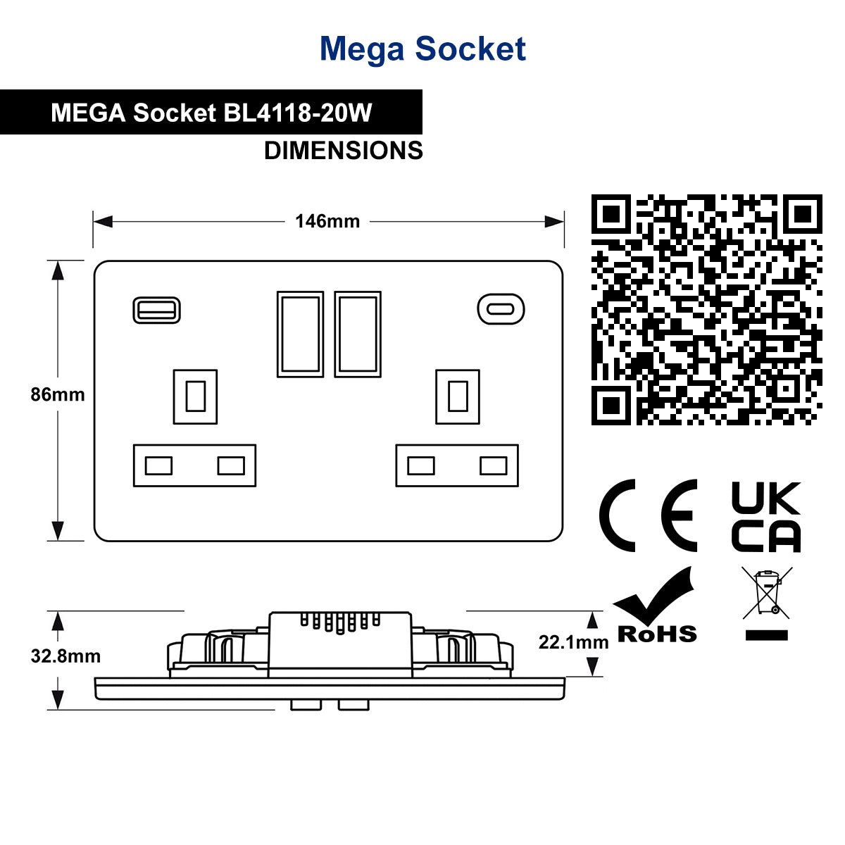 Matt Black Double 13A 2 Gang DP Switched Socket with Quick Charge Type A+Type C USB BL4118 - 20W - Energy Light Bulbs - Free delivery on all orders