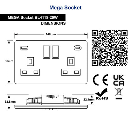 Matt Black Double 13A 2 Gang DP Switched Socket with Quick Charge Type A+Type C USB BL4118 - 20W - Energy Light Bulbs - Free delivery on all orders