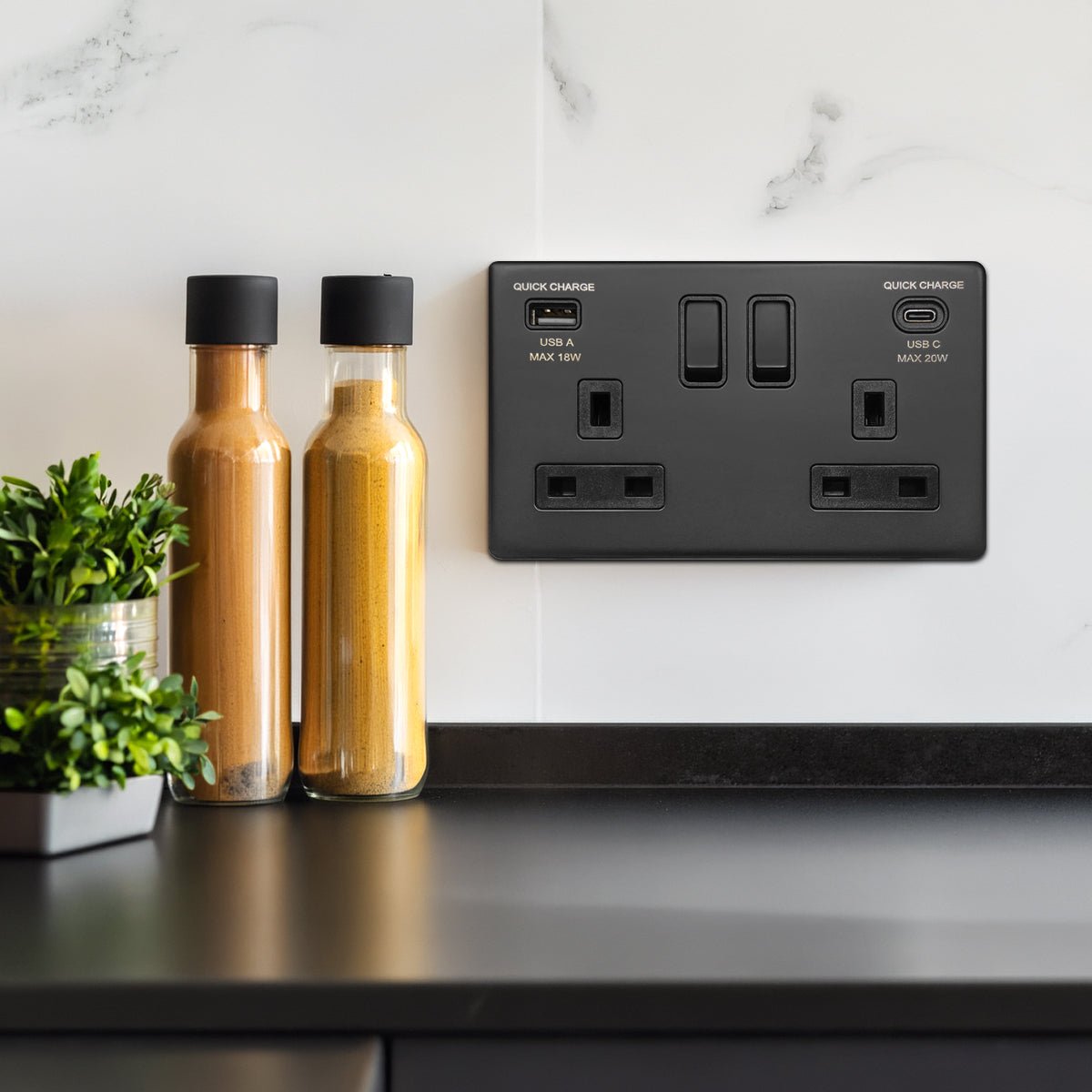 Matt Black Double 13A 2 Gang DP Switched Socket with Quick Charge Type A+Type C USB BL4118 - 20W - Energy Light Bulbs - Free delivery on all orders
