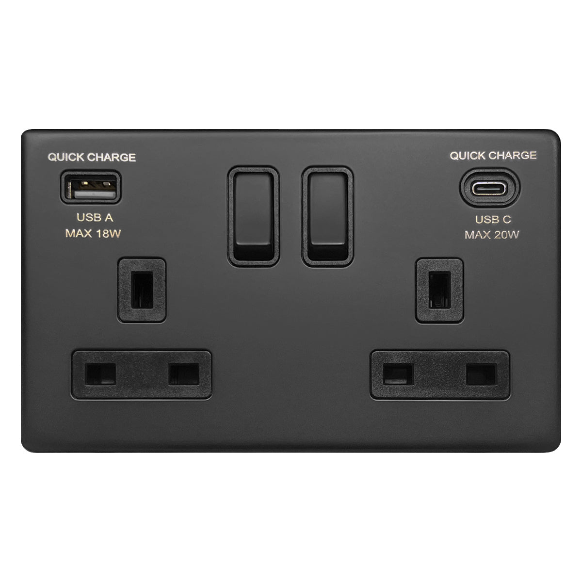 Matt Black Double 13A 2 Gang DP Switched Socket with Quick Charge Type A+Type C USB BL4118 - 20W - Energy Light Bulbs - Free delivery on all orders