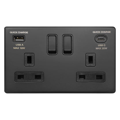 Matt Black Double 13A 2 Gang DP Switched Socket with Quick Charge Type A+Type C USB BL4118 - 20W - Energy Light Bulbs - Free delivery on all orders