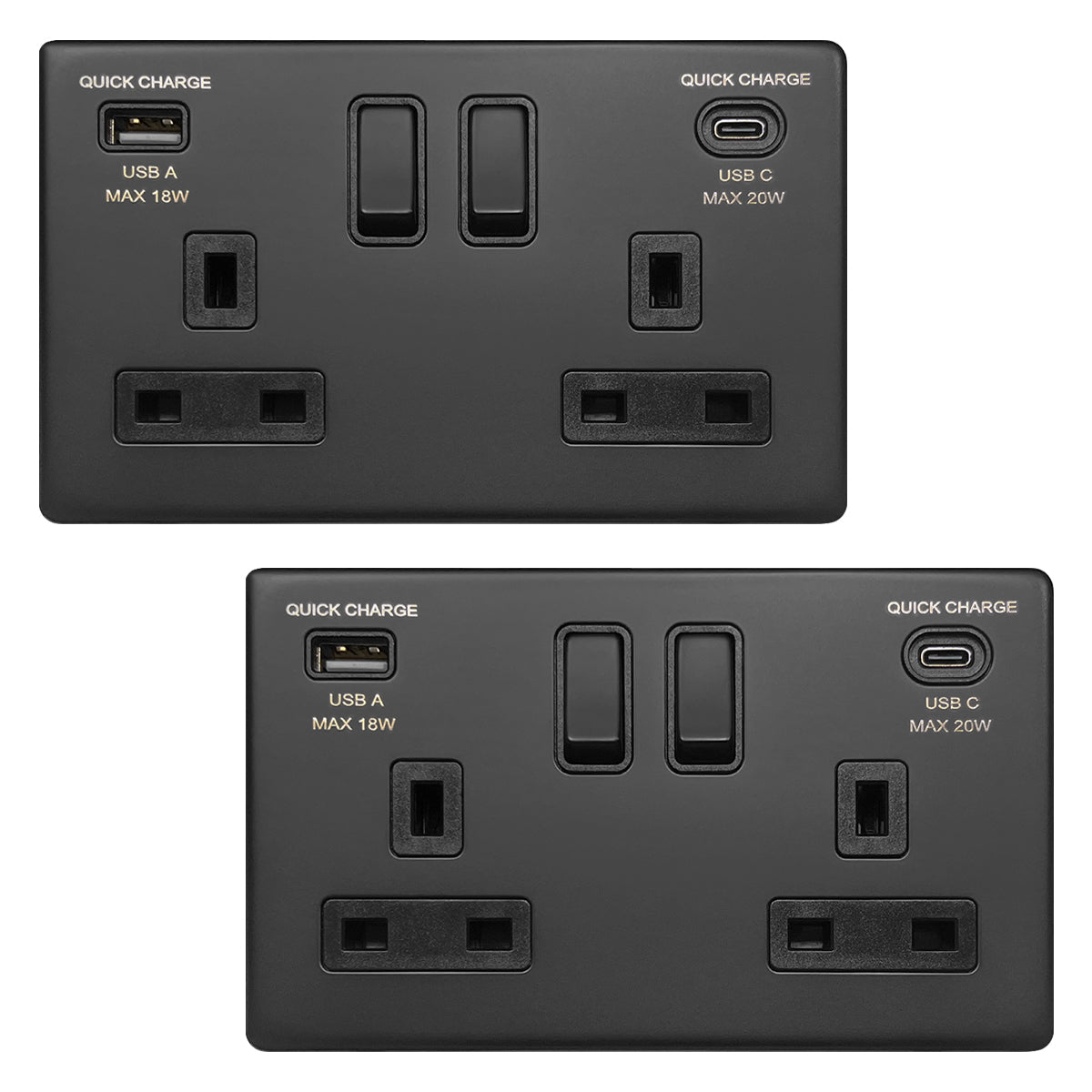 Matt Black Double 13A 2 Gang DP Switched Socket with Quick Charge Type A+Type C USB BL4118 - 20W - Energy Light Bulbs - Free delivery on all orders
