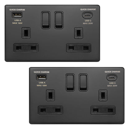 Matt Black Double 13A 2 Gang DP Switched Socket with Quick Charge Type A+Type C USB BL4118 - 20W - Energy Light Bulbs - Free delivery on all orders