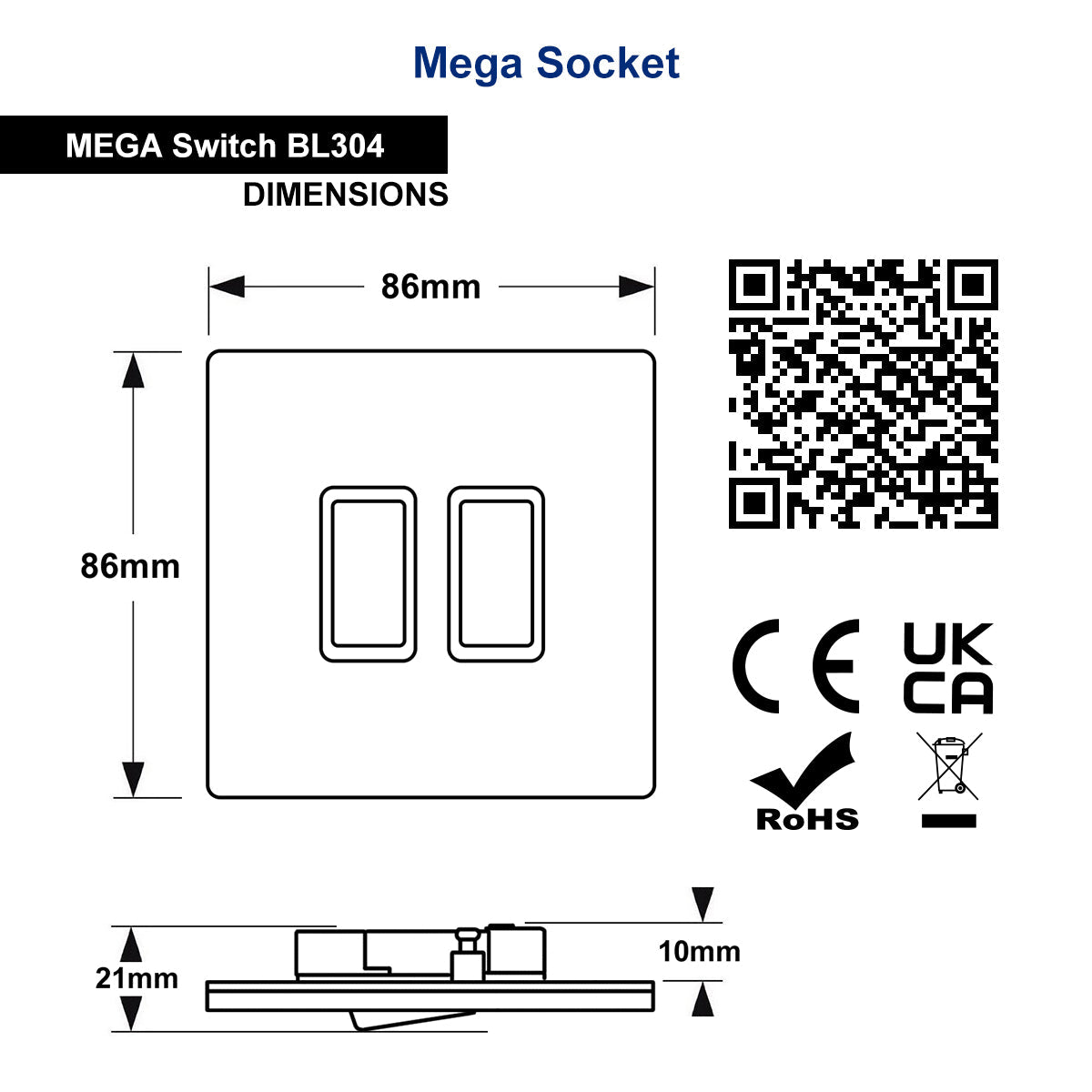 Matt Black Double Light Switch 2 Gang 2 Way Screwless BL304 - Energy Light Bulbs - Free delivery on all orders