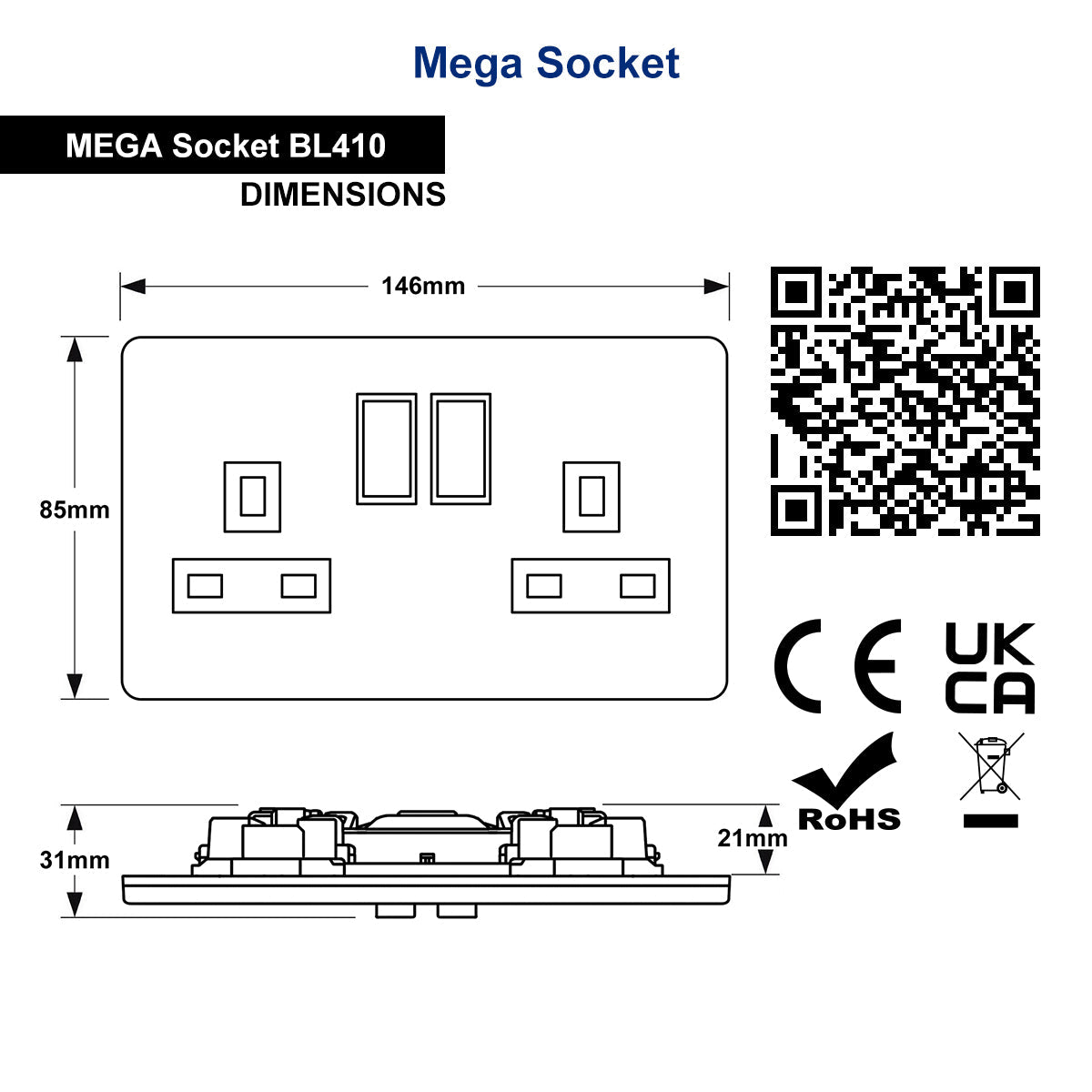 Matt Black Double Wall Socket Switched 2 Gang 13A Double Pole BL410 - Energy Light Bulbs - Free delivery on all orders