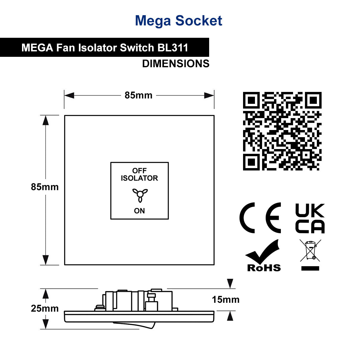 Matt Black Fan Isolator Switch 10A Triple Pole BL311 - Energy Light Bulbs - Free delivery on all orders