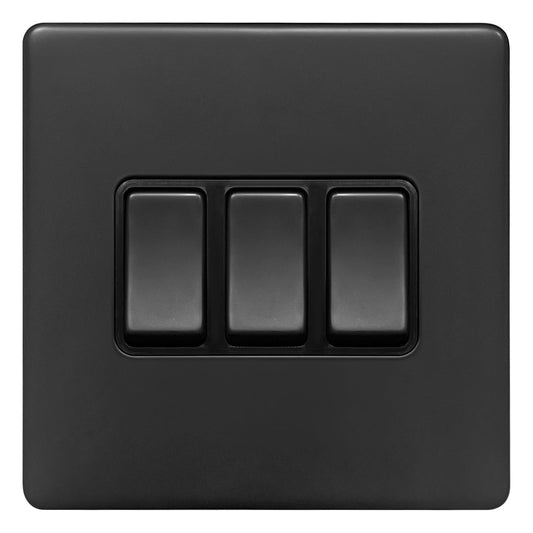 Matt Black Light Switch 3 Gang 2 Way Screwless BL306 - Energy Light Bulbs - Free delivery on all orders