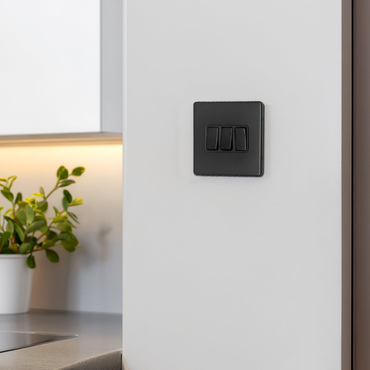 Matt Black Light Switch 3 Gang 2 Way Screwless BL306 - Energy Light Bulbs - Free delivery on all orders