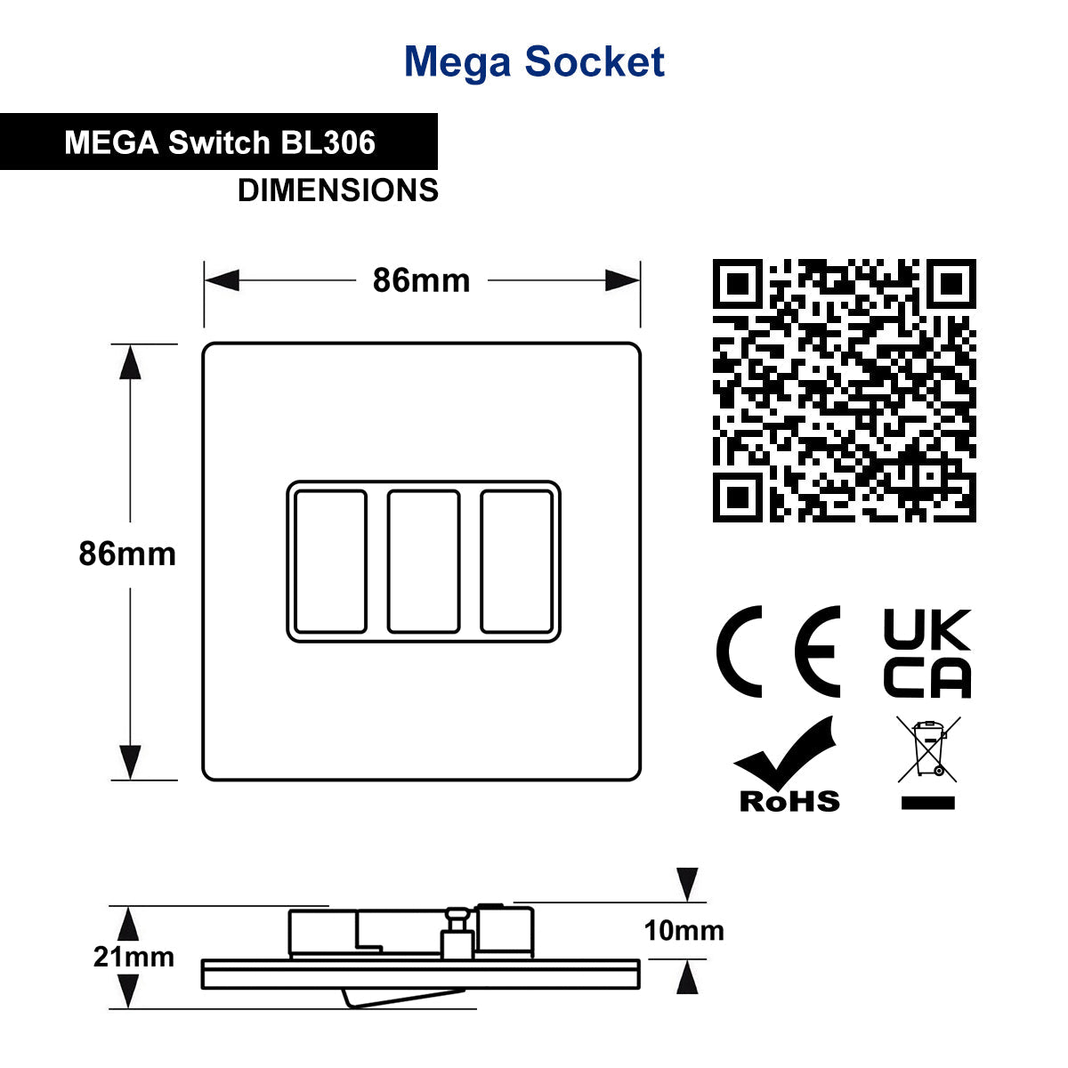 Matt Black Light Switch 3 Gang 2 Way Screwless BL306 - Energy Light Bulbs - Free delivery on all orders