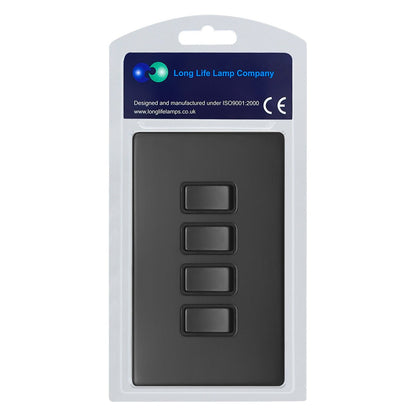Matt Black Light Switch 4 Gang 2 Way Screwless BL308 - Energy Light Bulbs - Free delivery on all orders