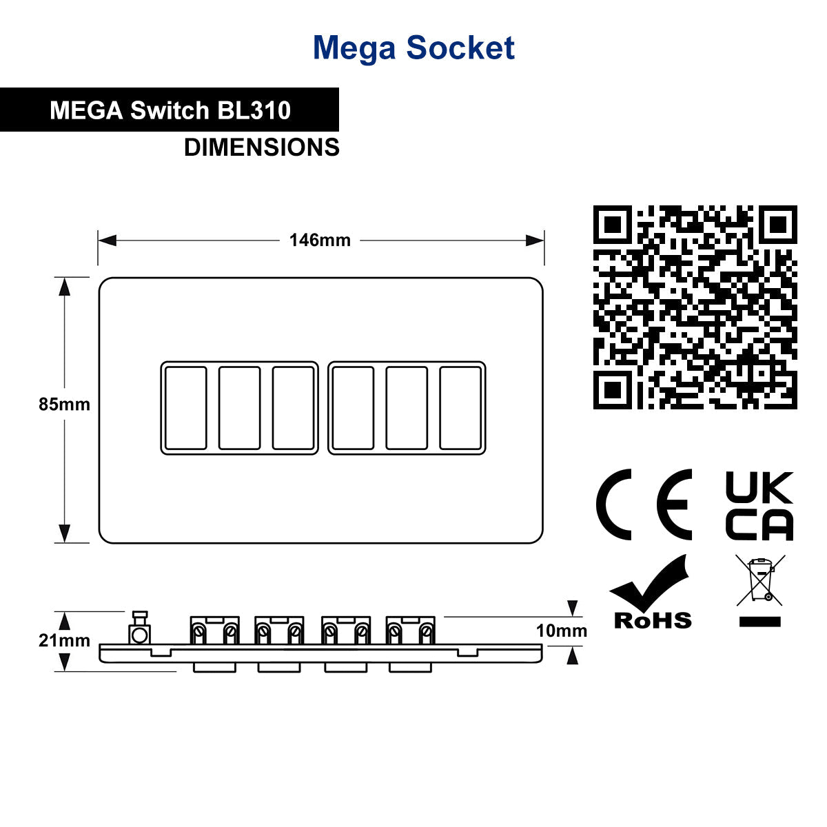 Matt Black Light Switch 6 Gang 2 Way Screwless BL310 - Energy Light Bulbs - Free delivery on all orders